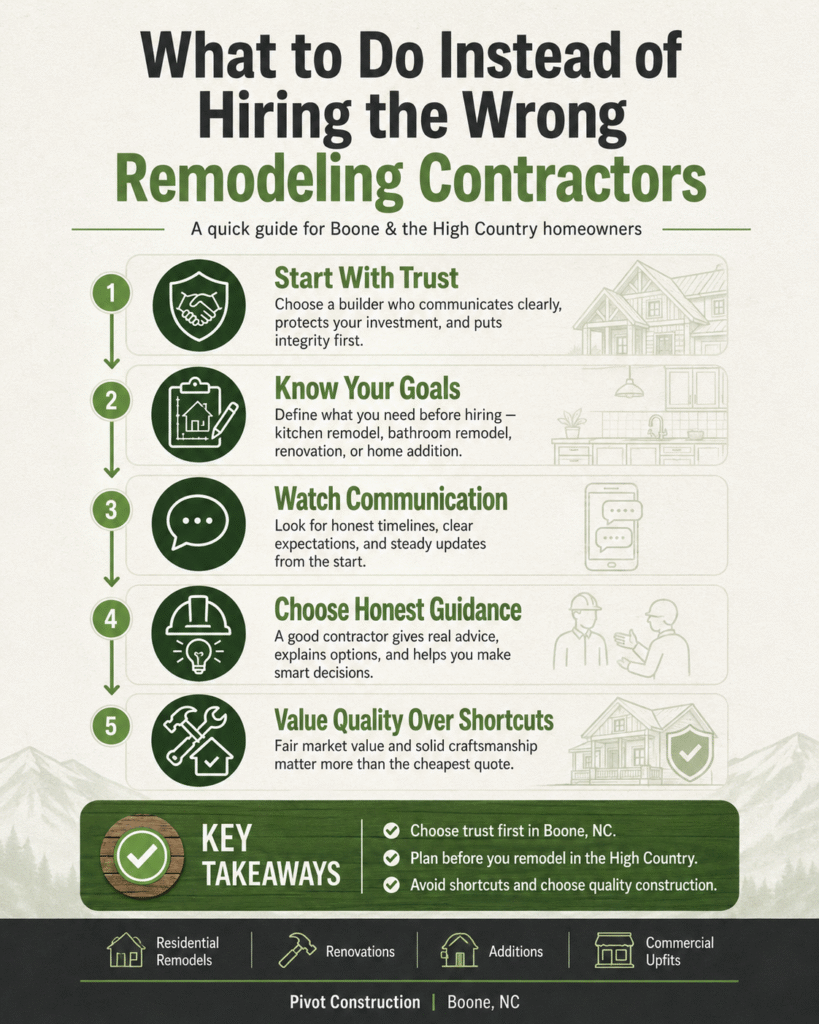 What to Do Instead of Hiring the Wrong Remodeling Contractors Infographic | Pivot Construction in Boone, NC
