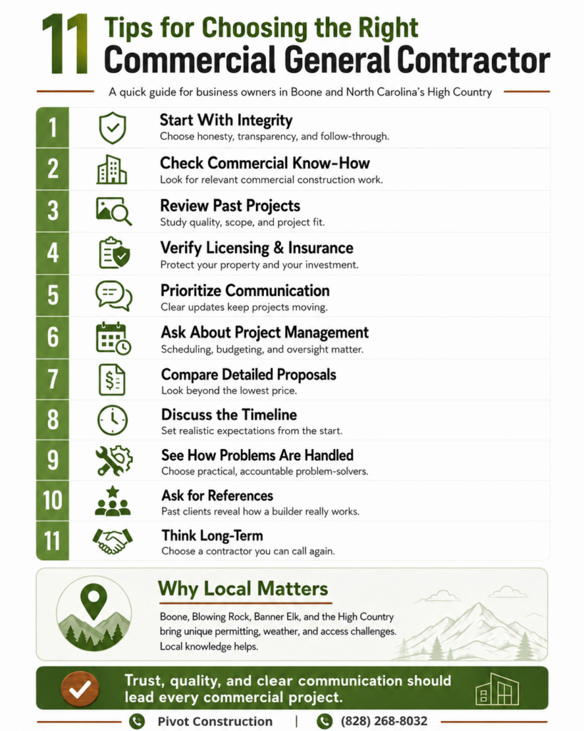 11 Tips for Choosing the Right Commercial General Contractor Infographic | Pivot Construction in Boone, NC